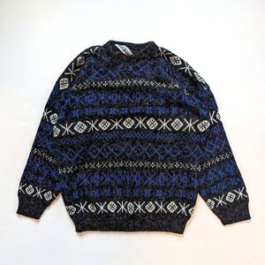 Vintage Fair Isle Snowflake Sweater Black White Blue